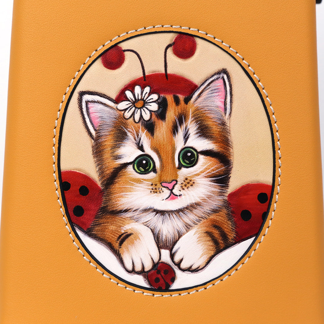 Orange Cat Leather Carving Pattern Handmade Crossbody Phone Bag