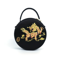 Round Embroidery Handmade Crossbody Bag - Golden Dragon