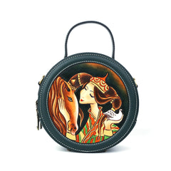 Round Girl Leather Craving Pattern Handmade Crossbody Bag