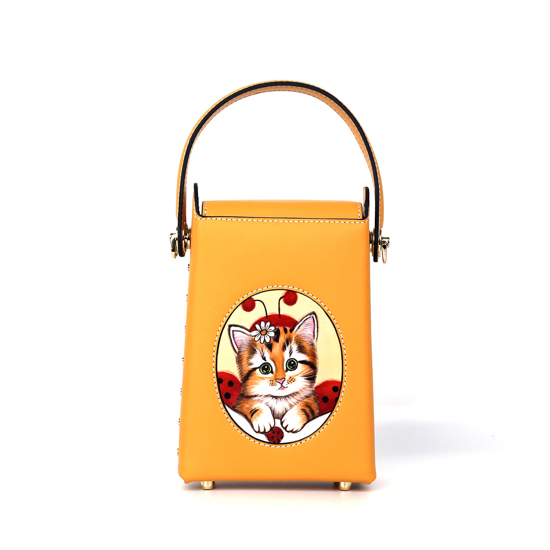 Orange Cat Leather Carving Pattern Handmade Crossbody Phone Bag