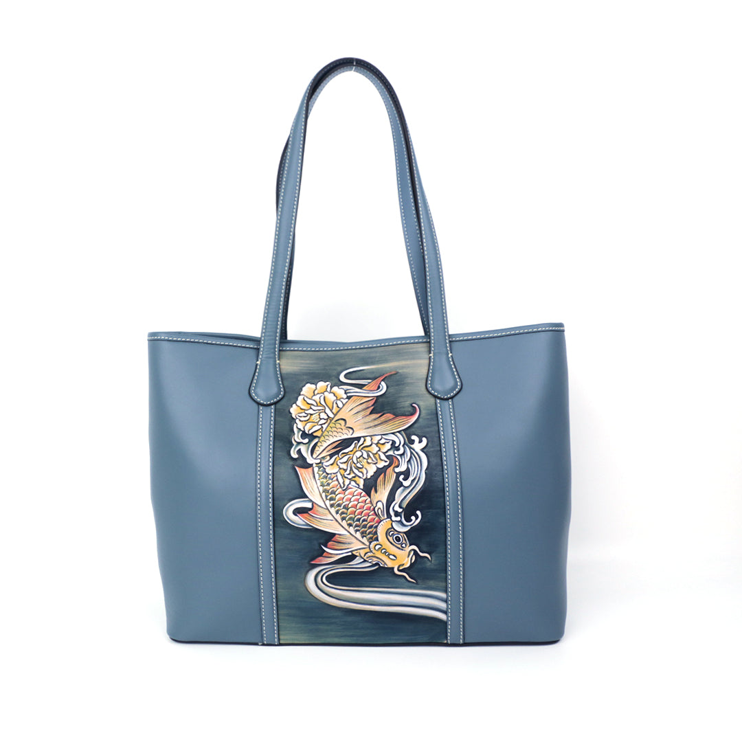 Carp Leather Carving Pattern Handmade Tote Bag