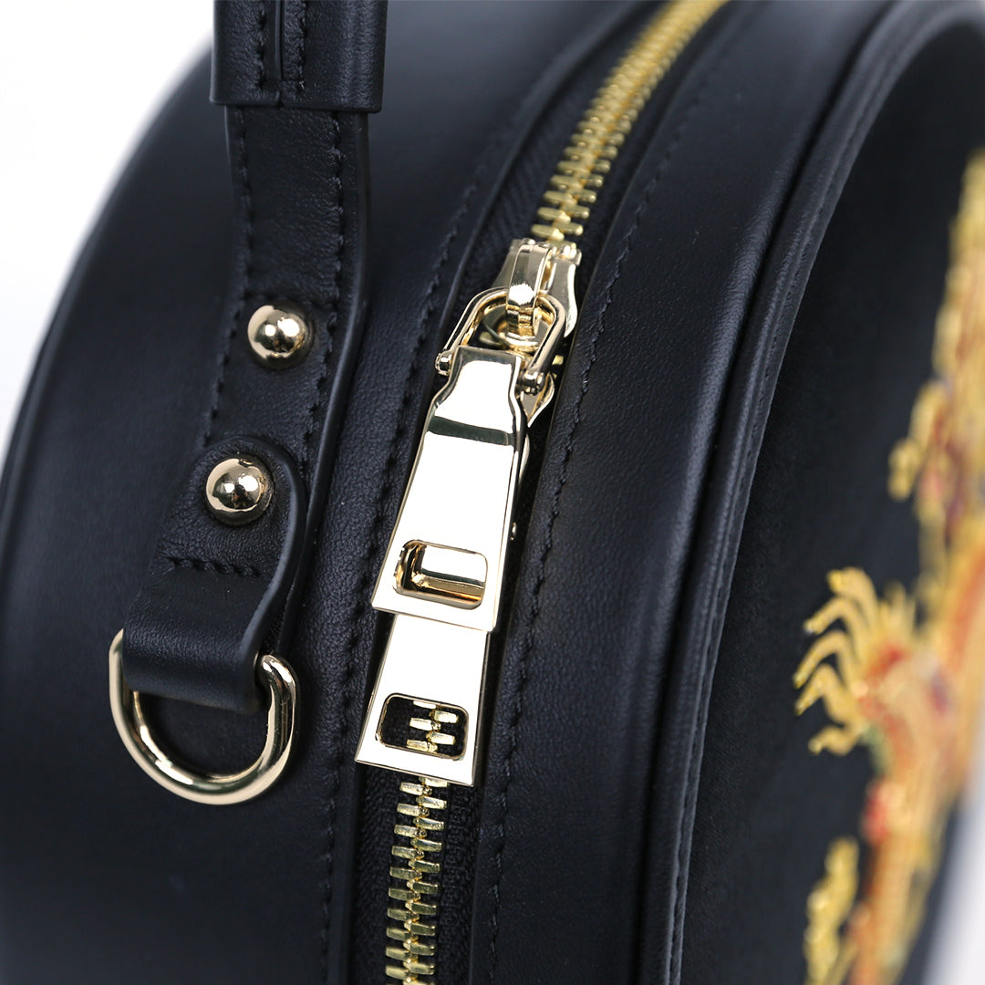 Round Embroidery Handmade Crossbody Bag - Golden Dragon