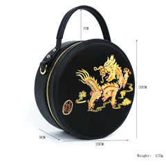 Round Embroidery Handmade Crossbody Bag - Golden Dragon