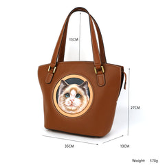 Cat Pattern Leather Carving Pattern Handmade Tote Bag