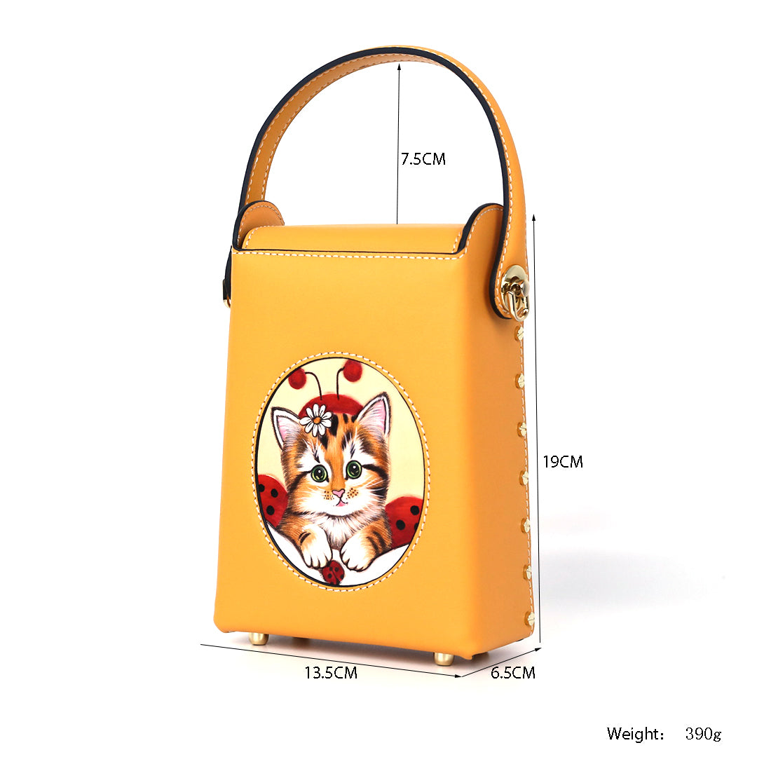 Orange Cat Leather Carving Pattern Handmade Crossbody Phone Bag