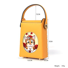 Orange Cat Leather Carving Pattern Handmade Crossbody Phone Bag