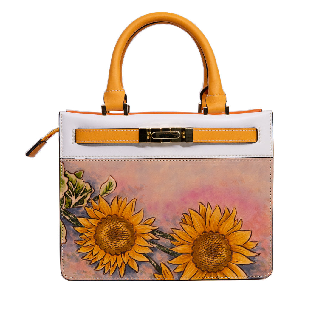 Handmade Sunflower Carving Crossbody Top Handle Bag