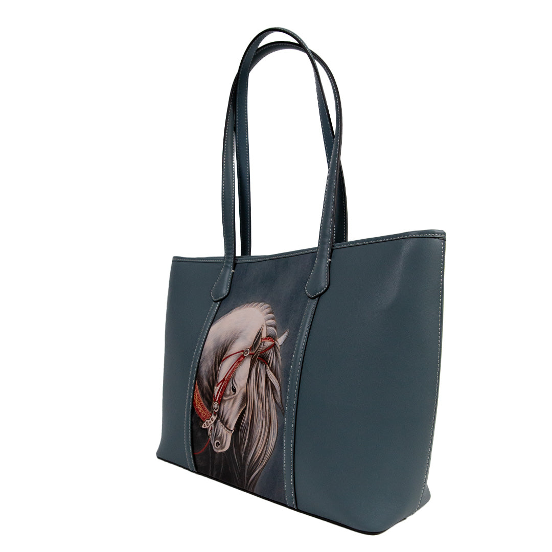 Horse Pattern Leather Carving Handmade Spacious Tote Bag - Blue